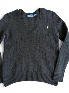 Polo by Ralph Lauren wool x cashmere Black Cable-Knit V-Neck Pullover